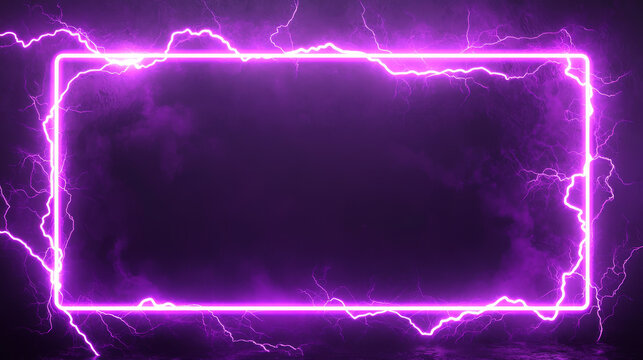 Rectangle frames with purple lightnings, electric energy strikes on border. Neon glowing banner frames with thunderbolt discharge isolated on transparent background, vector realistic set