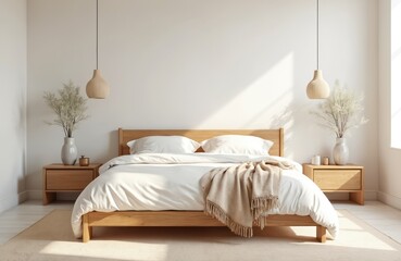 Warm white bedroom with wooden bed, bedside tables. Minimalist design features cozy atmosphere. Home interior with white walls, sunlight, decor, pendant lamps, Scandinavian style.
