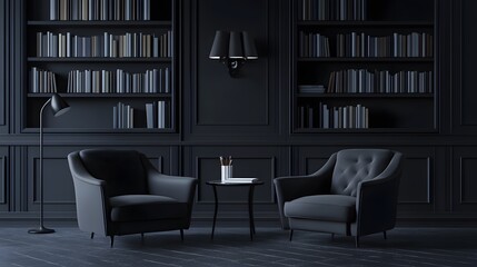 Modern Grey Living Room Interior Design with Stylish Armchairs and Bookshelf