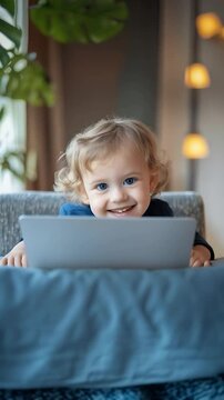 mischievous cute baby with blue eyes playing behind laptop with innocence, free and happy childhood in the living room of his home