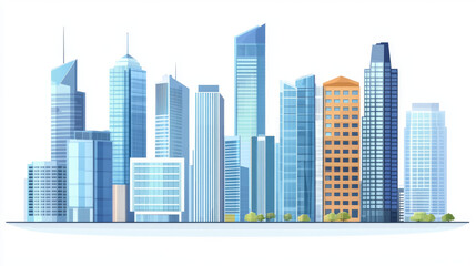 Modern city office buildings. Vector cartoon skyscrapers in town center, contemporary apartment houses for urban landscape. Modern city architecture, glass tower buildings isolated on white background