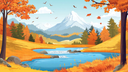 Fototapeta premium Cartoon landscape in fall with stream flow into mountain lake under tree trunks and orange grassy shores. Wild nature background, beautiful scenery view, autumn wood with plants, Vector illustration