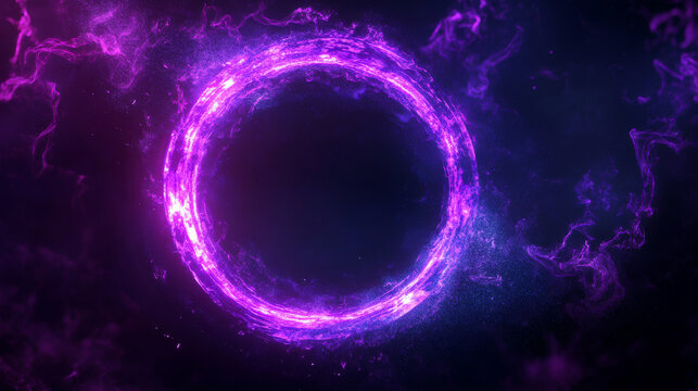 Magic futuristic circle portal with light energy glow effect for game ui design. Realistic 3d vector fantasy purple neon ring frame with luminous glitter and swirl motion. Space and time teleport.