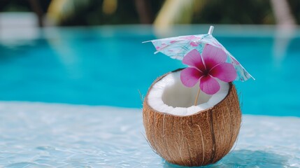 Coconut water served in a fresh coconut shell, with a tropical flower and paper umbrella decoration