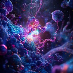 Fototapeta premium Surreal depiction of regulatory genes activating in a glowing embryonic cell with vivid colors intricate molecular details and cinematic lighting blending science and art