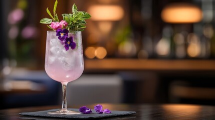 Rose-infused gin and tonic with delicate pink hues, served in a stylish glass with edible rose petals