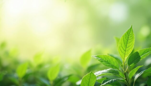 Fresh green bio background with blurred foliage, sunlight, copyspace for text. Bright leaves in sunlight create natural vibrant look. Eco friendly eco conscious concept. Healthy organic nature scene,