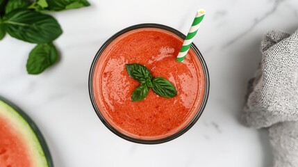 Watermelon slushie in a chilled glass, topped with tiny watermelon cubes and a cute striped straw