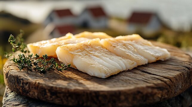 Norwegian Klippfisk Dried Cod elegantly arranged a rustic wooden board warm golden hour light highlighting the crisp texture coastal Norwegian village in the softly blurred background