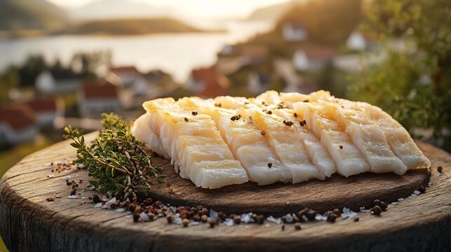 Norwegian Klippfisk Dried Cod elegantly arranged a rustic wooden board warm golden hour light highlighting the crisp texture coastal Norwegian village in the softly blurred background
