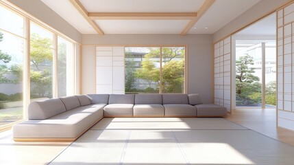 Fototapeta premium A simple and peaceful Japanese-style lounge area featuring a soft gray L-shaped sofa and tatami flooring