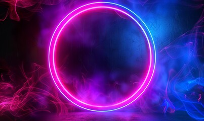 3D render, abstract neon background with an illuminated round frame in blue and pink colors on a