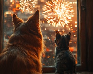 Dog and Cat Watching Fireworks from Window in Cozy Indoor Scene