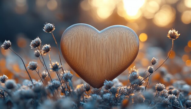 Nature Inspired Wooden Heart with Thistle Flowers Warm Bokeh Background Card or Banner - Powered by Adobe