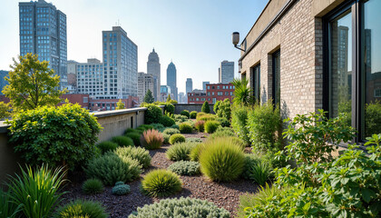 Fototapeta premium Urban rooftop garden with greenery against a city skyline 