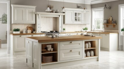 A spacious kitchen layout featuring natural wood worktops and soft white tones