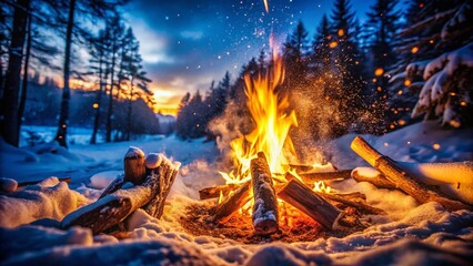 Cozy Campfire Night in Snowy Wilderness: Candid Winter Scene
