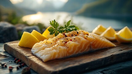 Norwegian Rakfisk Fermented Fish elegantly plated a rustic wooden board warm golden hour light enhancing its rich colors Scandinavian fjord landscape in the softly blurred background