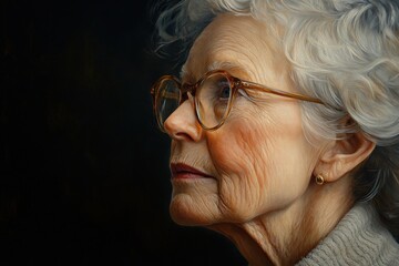 Elderly Woman Wearing Digital Hearing Aid with Glasses and Detailed Wrinkles