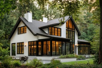 A contemporary house featuring expansive windows is beautifully set among trees at dusk, highlighting its inviting atmosphere and modern architectural design