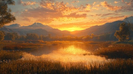 Obraz premium Serene sunset over mountain lake reflecting golden light