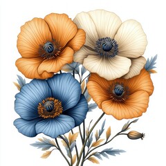 Fototapeta premium Detailed Botanical Illustration of Blooming Poppies in Earthy Tones with Vintage Engraving Style