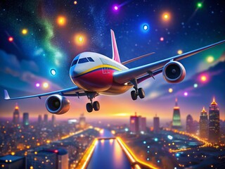 Cute Cartoon Airplane Night Flight, Starry Sky, City Lights