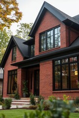 Modern brick house with large windows surrounded by greenery captured during late afternoon in a serene residential neighborhood