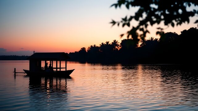 A boathouse on a calm lake at sunset - Powered by Adobe