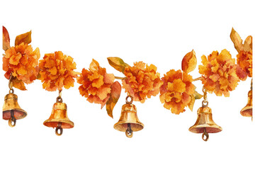 Watercolor marigold garland with bells isolated on transparent background