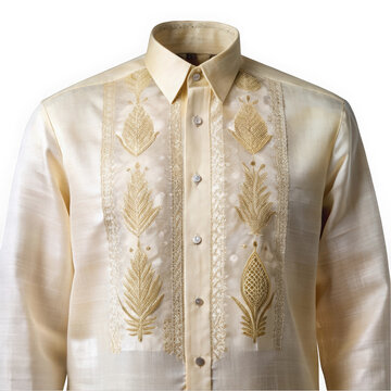 A traditional men's barong Tagalog shirt, crafted in delicately embroidered ivory fabric, showcasing intricate floral designs that symbolize elegance and cultural heritage.