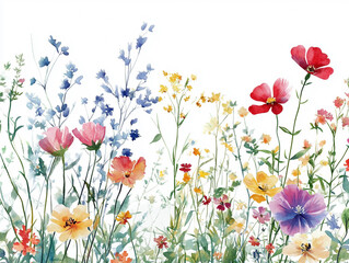 A painting of a field of flowers with a white background