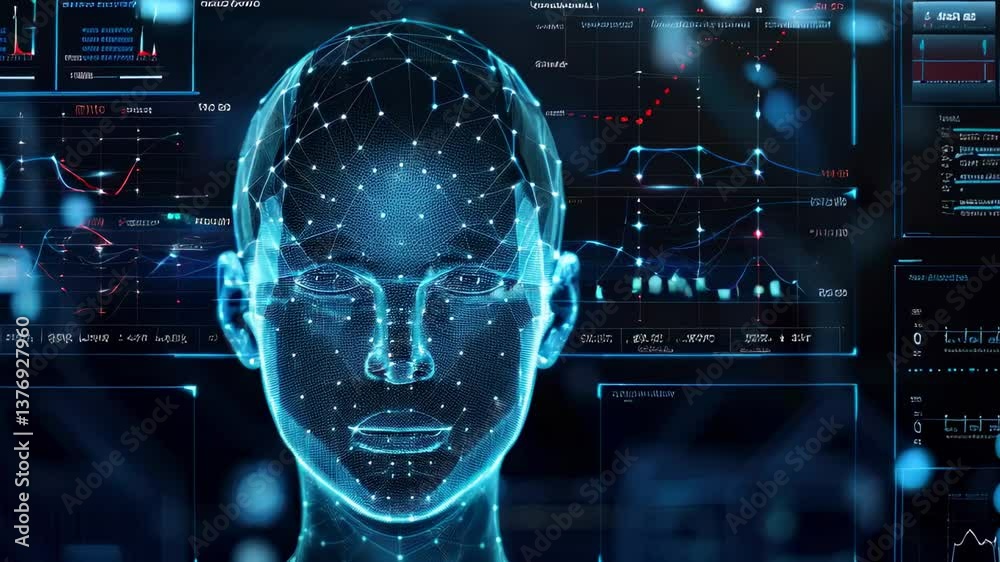 Poster digital facial recognition technology, person face with lines of ai biometric system on computer scr