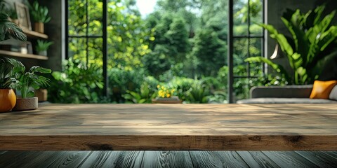 Sunlit wooden table against a backdrop of lush greenery viewed through large windows, showcasing a tranquil indoor-outdoor space
