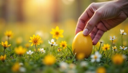 Fototapeta premium Vibrant spring setting featuring a hand picking a yellow Easter egg amidst blooming flowers with warm sunlight.