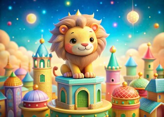 Fototapeta premium Cute Cartoon Lion Architectural Photography: Majestic Mane in a Miniature World