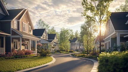 Naklejka premium Idyllic Suburban Neighborhood at Sunset: Tranquil Living and Community