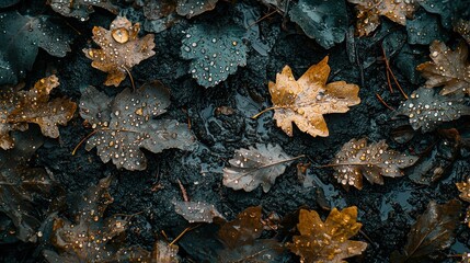 Obraz premium Autumn leaves, wet ground, forest floor, glistening droplets