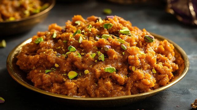 Pakistani Multani Sohan Halwa a traditional brass plate dramatic silhouette lighting emphasizing rich caramel tones and pistachio garnishes moody Pakistani bazaar background