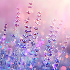 Obraz premium A field of purple flowers with a pink background