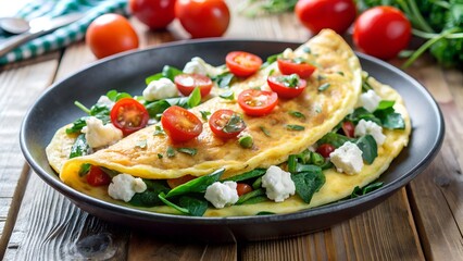 A fluffy omelet with spinach, goat cheese, and cherry tomatoes.