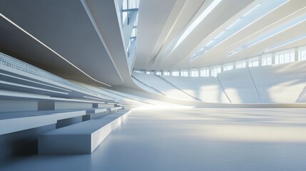Modern, minimalist stadium interior with curved seating and bright lighting.