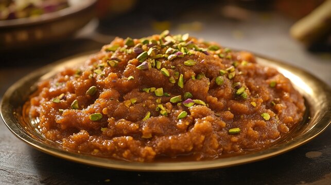Pakistani Multani Sohan Halwa a traditional brass plate dramatic silhouette lighting emphasizing rich caramel tones and pistachio garnishes moody Pakistani bazaar background