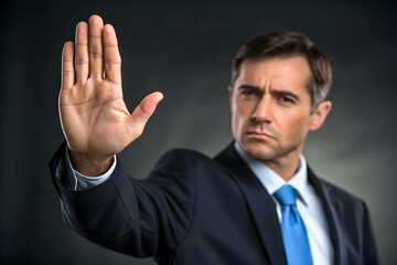 Businessman Making Stop Gesture with Hand &ndash; No Entry, Warning Sign,No More Concept,Stop Gesture. Man with raised opening hand making No more gesture . 


