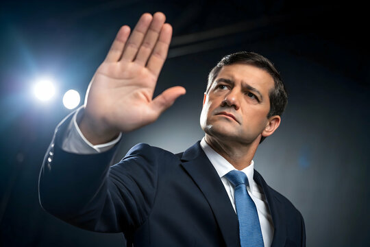 Businessman Making Stop Gesture with Hand – No Entry, Warning Sign,No More Concept,Stop Gesture. Man with raised opening hand making No more gesture . 


 - Powered by Adobe