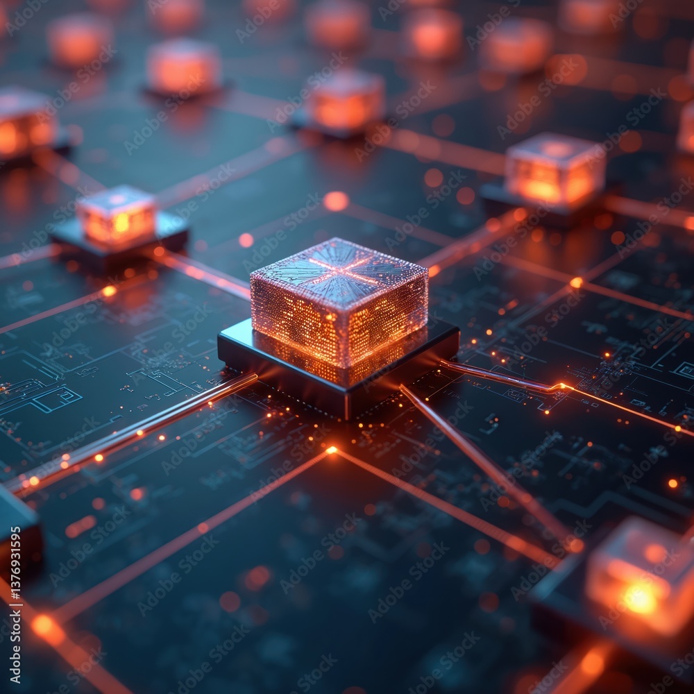 Aufkleber Futuristic glowing grid with interconnected nodes. Represents advanced tech, data communication. Digital network structure. High-tech design for software, innovation concept, future tech background,