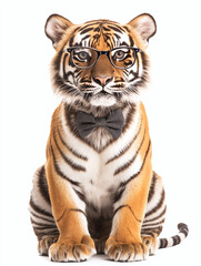 Funny Stylized Smart Tiger in Glasses and Bowtie: Whimsical Cartoon Portrait for Creative Education