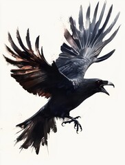 Fototapeta premium Fierce Black Crow in Mid-Flight with Sharp Edged Feathers on White Background