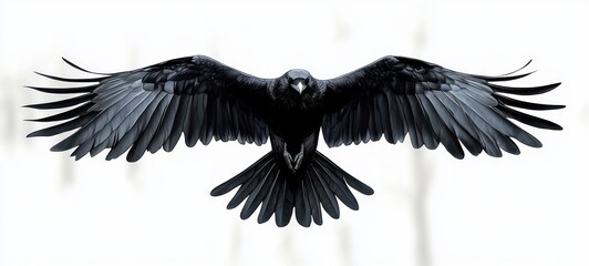 Black Raven in Flight on White Background