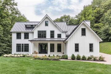 Modern farmhouse design showcases elegant architecture surrounded by lush greenery in a serene residential neighborhood, highlighting a tranquil setting for family living